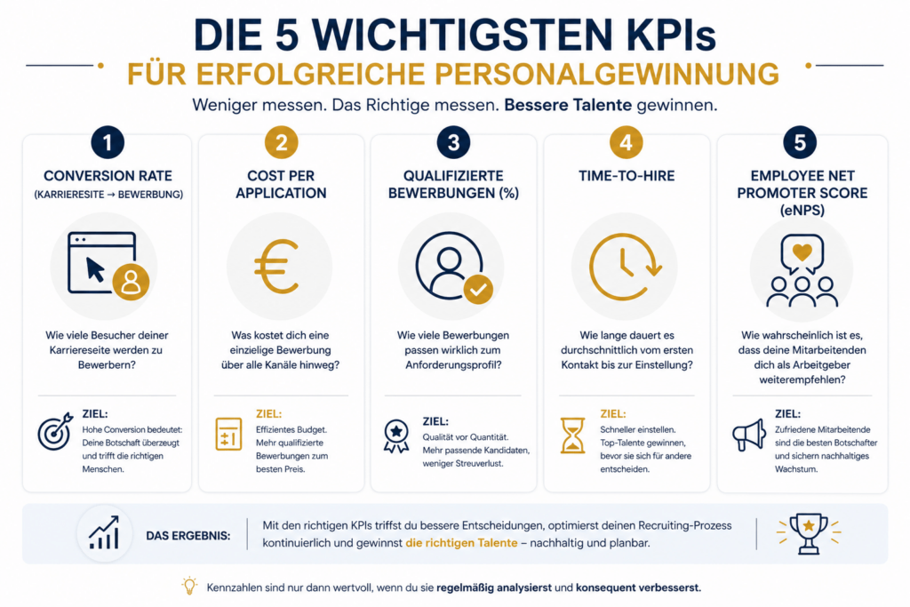 Infografik mit den fünf wichtigsten Kennzahlen für Personalgewinnung Conversion Rate Cost per Application qualifizierte Bewerbungen Time to Hire und eNPS