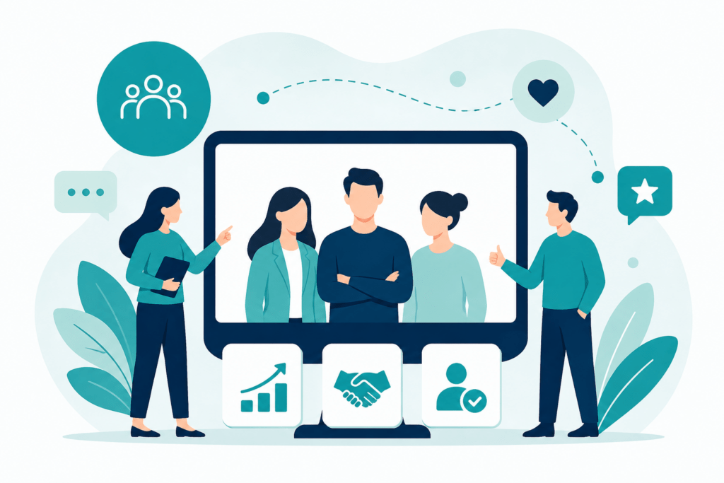 Illustration zum Employer Branding mit Teamarbeit, Unternehmenskultur und Mitarbeitergewinnung in modernen Unternehmensstrukturen