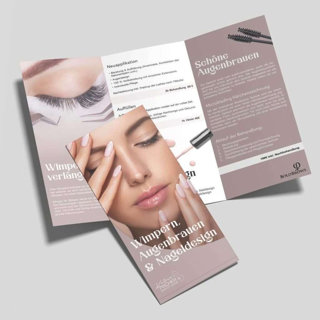 Flyer und Brosch&uuml;re f&uuml;r Beauty Salon mit Fokus auf Wimpernverl&auml;ngerung und Augenbrauen Styling, elegantes Design f&uuml;r professionelle Markenpr&auml;sentation