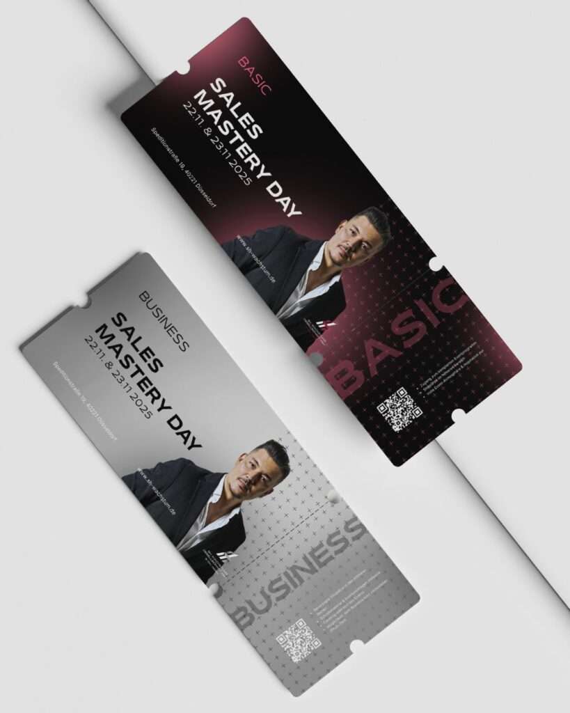 Modern gestaltete Event-Tickets f&uuml;r ein Kundenprojekt mit hochwertigem Design, Farbverl&auml;ufen und Portraitbild f&uuml;r Sales Mastery Day Veranstaltung