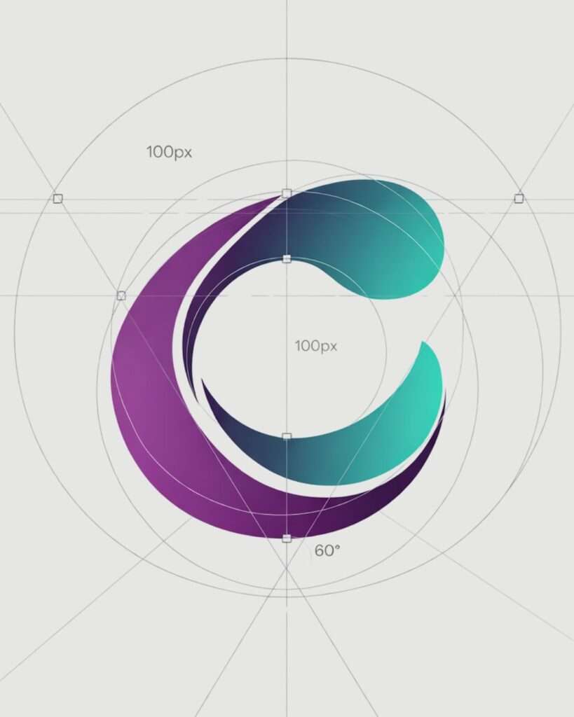 Modernes Logo-Design f&uuml;r ein Kundenprojekt mit abstrakter Kreisform und Farbverlauf in Lila, Blau und T&uuml;rkis, steht f&uuml;r Wachstum und Markenentwicklung