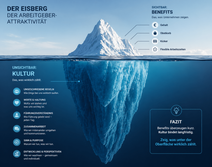 Eisberg Grafik zum Employer Branding mit sichtbaren Benefits wie Gehalt, Obstkorb und Kicker sowie unsichtbarer Unternehmenskultur unter Wasser mit Werten, Führung und Zusammenarbeit