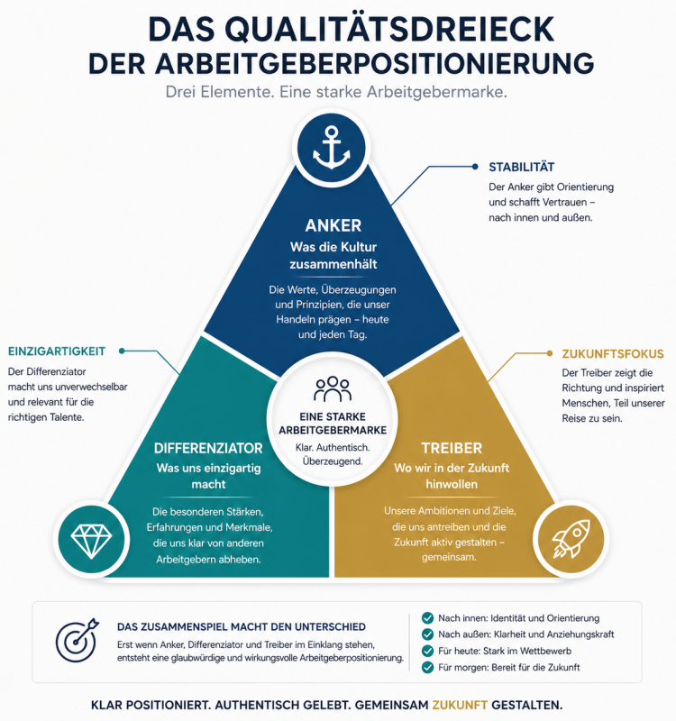 Qualitätsdreieck der Arbeitgeberpositionierung mit den Elementen Anker Differenziator und Treiber zur Entwicklung einer starken Employer Branding Strategie