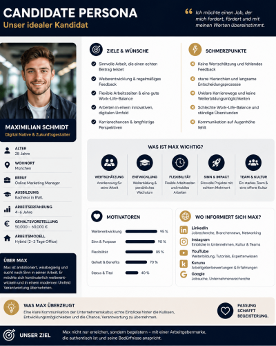 Candidate Persona Steckbrief mit Zielen Schmerzpunkten Motivation und Social Media Nutzung zur Entwicklung einer Employer Branding Strategie