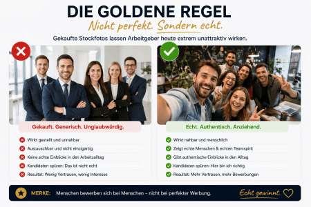 Vergleich zwischen Stockfoto und authentischem Teamfoto im Employer Branding mit rotem X und grünem Haken zur Darstellung von echter Unternehmenskultur